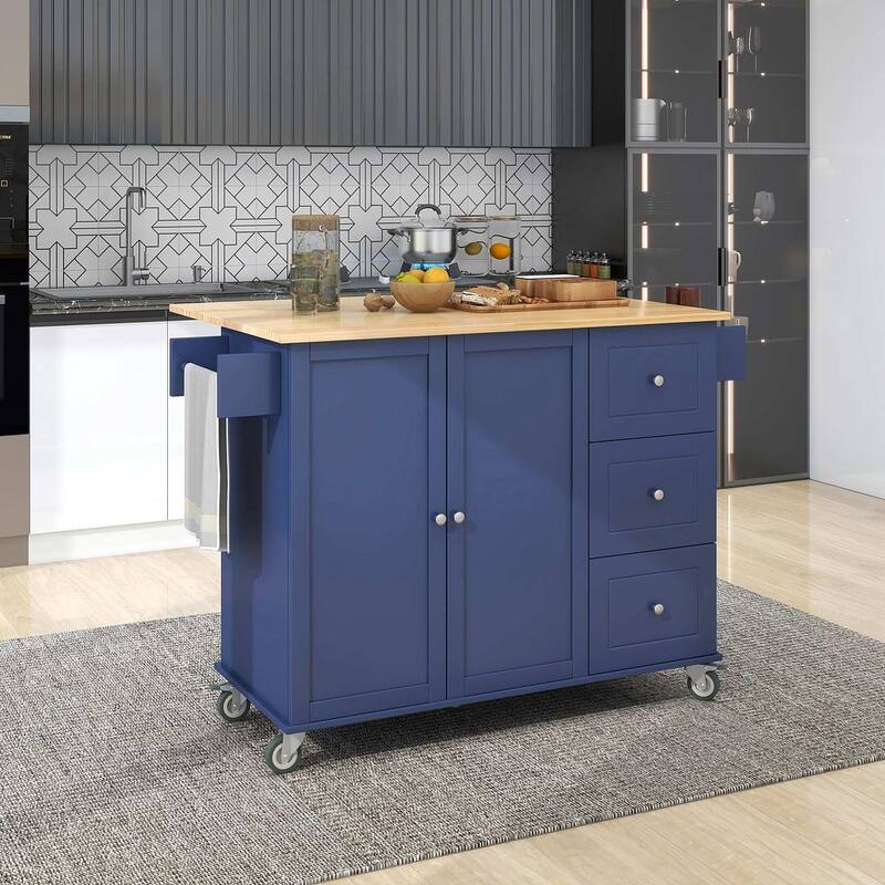 52.7 "W Folding Multifunctional Lockable Wheel Kitchen Cart with 2 Doors and 3 Drawers - Blue