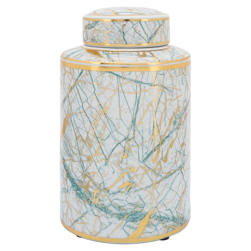 12" Ceramic Jar with Lid Contemporary Decorative Glassware in White, Green and Gold Storage Canister Decor - - 8" x 8" x 12" - 8" x 8" x 12" - Green