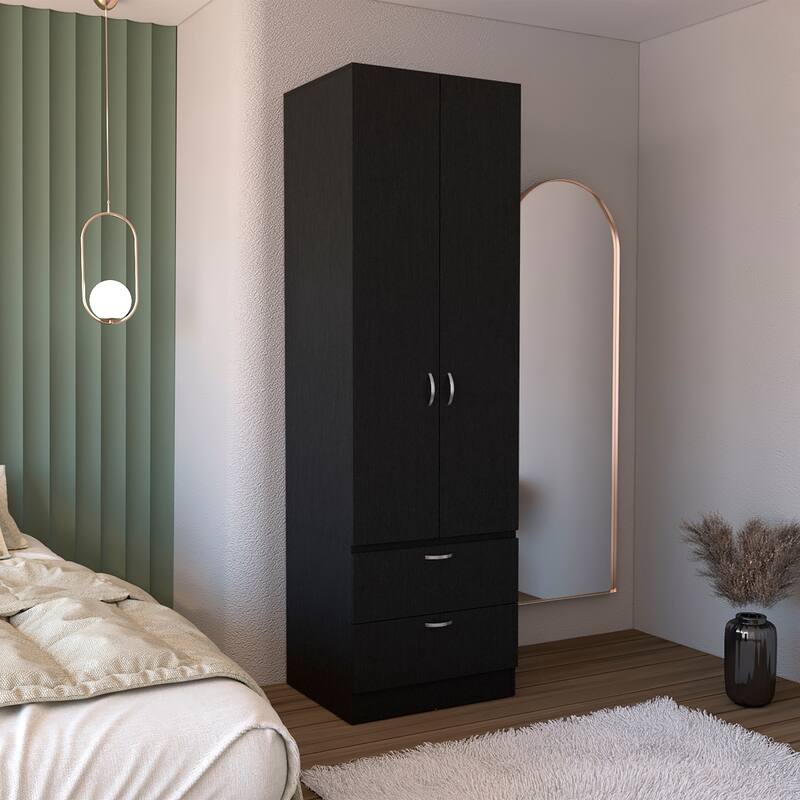 19.5" Modern Double-door Armoire with Hanging Rod, 2 Drawers and 1 Shelf for Bedroom - Black