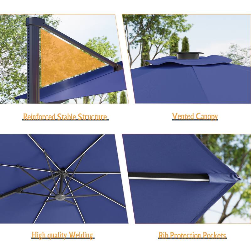 LIVOOSUN 10x8ft LED Rectangle Cantilever Umbrella Patio Offset Umbrella For Outdoor Space, Solution-Dyed Fabric, 360° Rotation