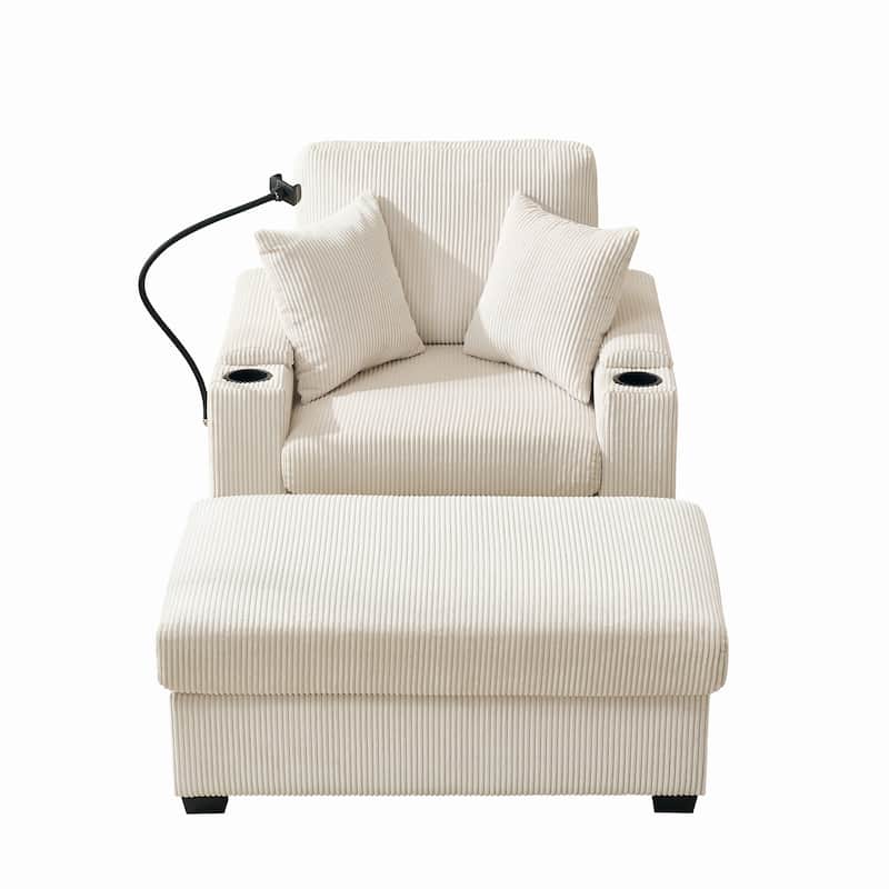 55"Oversized Chaise Lounge Chair with Ottoman and Storage,Sleeper Chair with Cup Holder,Mobile Phone Stand&USB Charging Port
