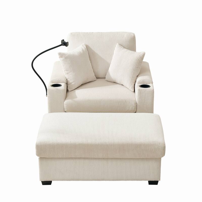 Chaise Lounge Chair with Storage Ottoman, Leisure Armchair with Cup Holder, Accent Chair with USB Charging Port