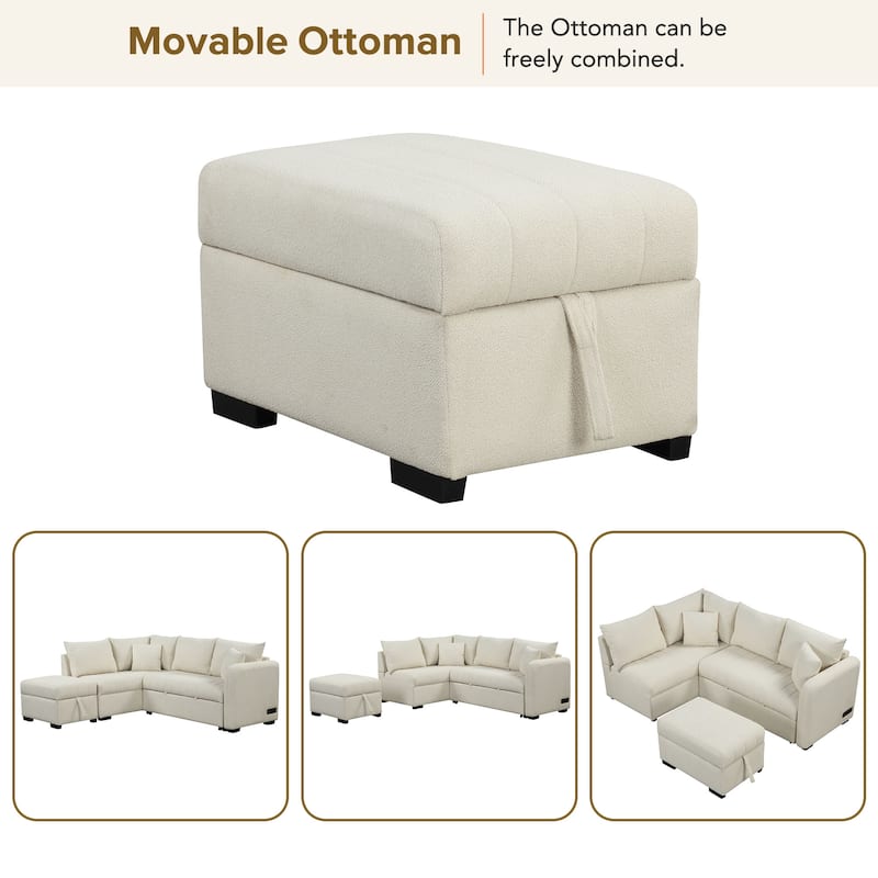 82.6" L-shaped Sectional Pull Out Sofa Bed Sleeper Sofa with Two USB Ports, Two Power Sockets and a Movable Storage Ottoman, Bei