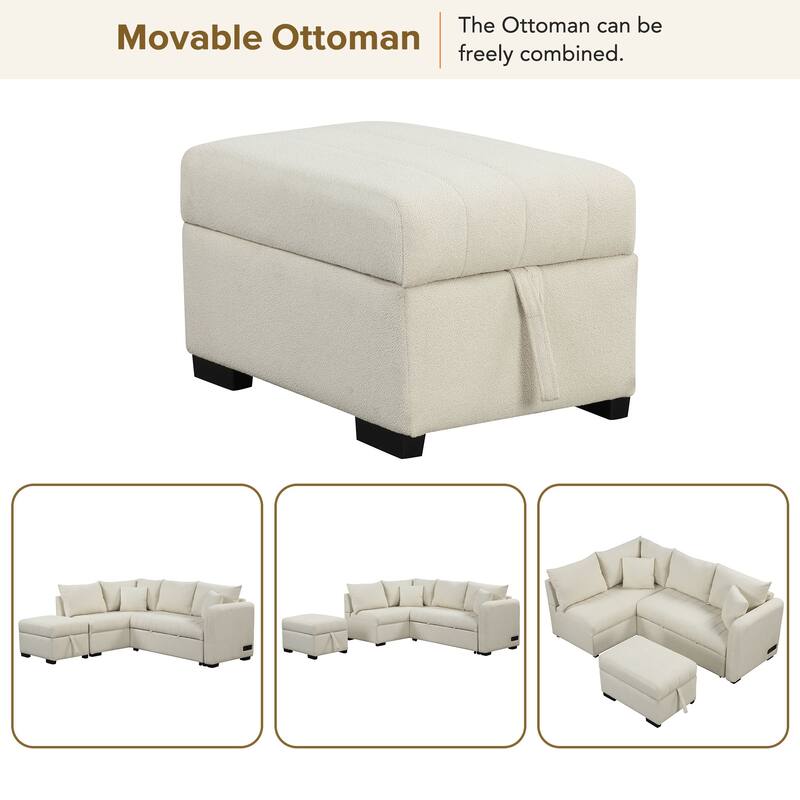 Beige 82.6" L-Shaped 5-Seat Sleeper Sofa with Pull-Out Bed, Storage Ottoman, USB Ports, and Power Outlets