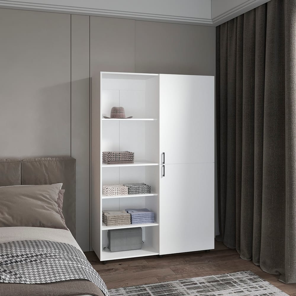 High Two Door Freestanding Armoire With Hanging Rod And Interior Shelves,Compact Bedroom Wardrobe
