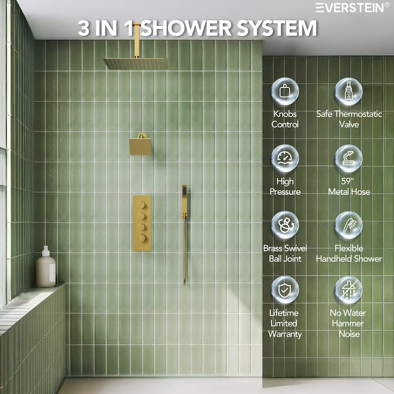 Dual Heads 16" Rainfall & High Pressure 6" Shower System w/ 3 Way Thermostatic Faucet 