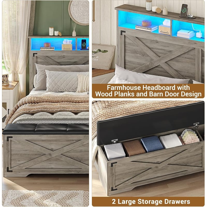 Bed Frame with Storage Ottoman Charging Station and Led Light