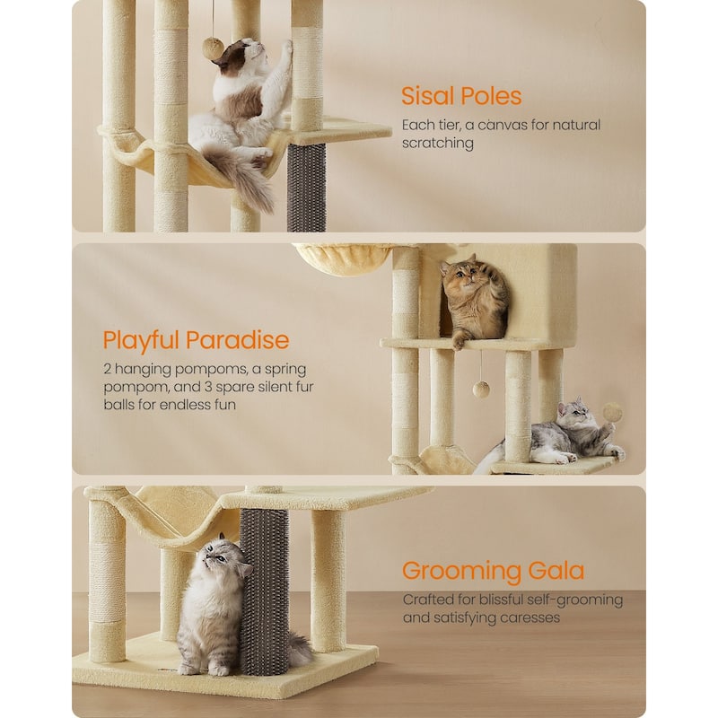 Tall Cat Tree with 2 Caves, 2 Baskets, 5 Scratching Posts - 22"L x 18"W x 69"H