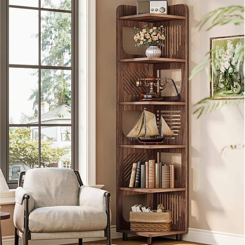 6 Tiers Farmhouse Wood Tall Narrow Corner Shelf with Hollow Design - 15.8" W x 15.8" D x 71.9" H - Dark Brown