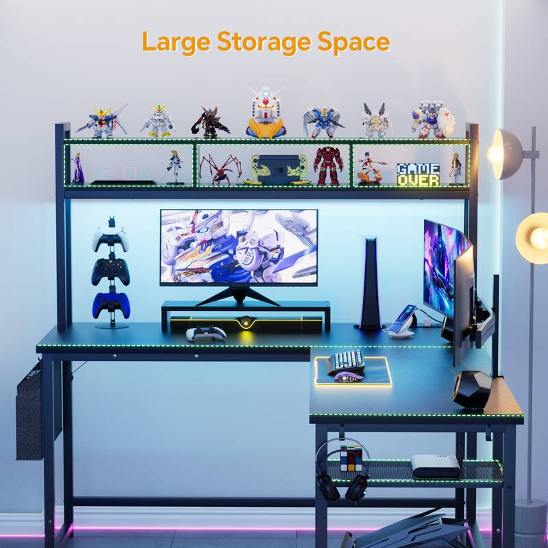 Reversible L-Shaped Desk with Storage Shelves and Hutch, Corner Desk with Charging Station and RGB LED Lights