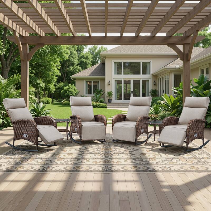 Meyreso 6-Piece Wicker Rocking Reclining Chaise Lounge with Adjustable Backrest & Footrest