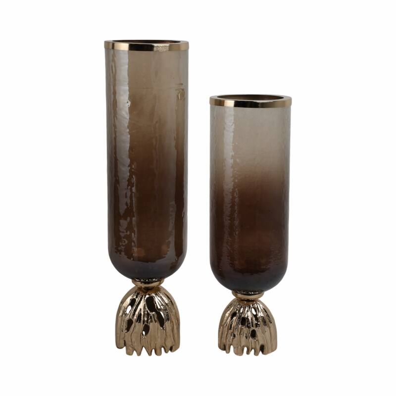 Glass Sculpted Base Hurricanes - Set of 2 - Brown, 20" - 23.0"
