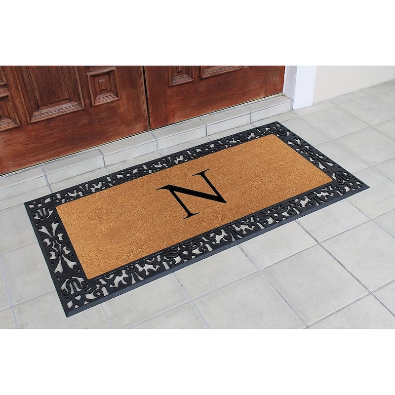 A1HC Rubber and Coir Paisley Border Heavy Duty Non-Slip Durable Double Door Monogrammed Doormat 30"X60", Black