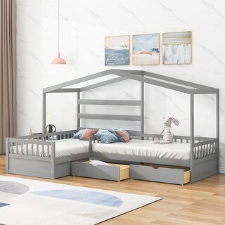 Twin Size House L-shaped Platform Bed Wooden Fence House Shape Kids ...