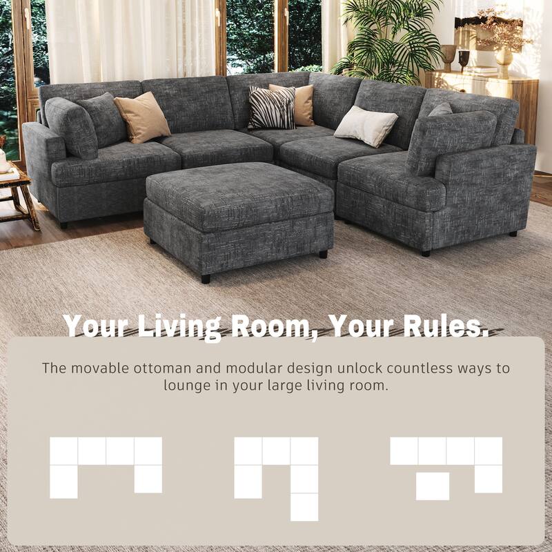 U-Shaped Sectional Sofa Convertible Modular Corner Couch with Movable Ottoman, Chenille Fabric Sofa Set
