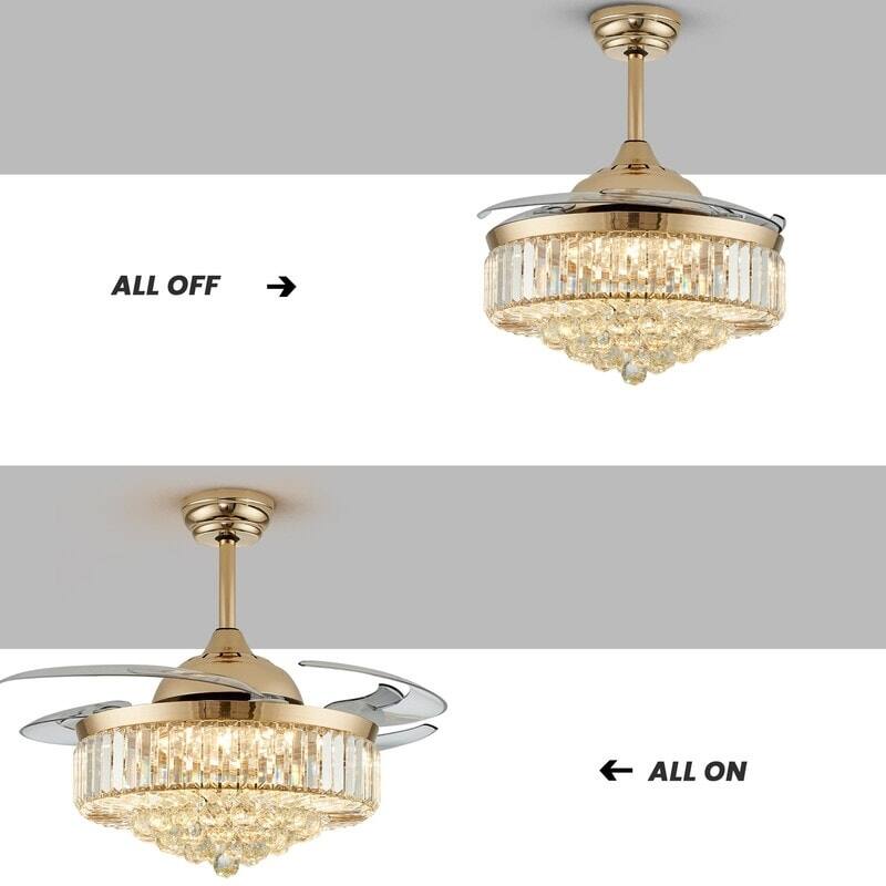 48 in. Crystal Ceiling Fan with Lights Remote Control Retractable Dimmable Fandelier Reversible LED Ceiling Fan for Bedroom