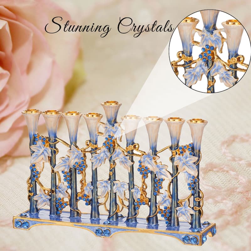 Hand Painted Blue & Ivory Tulip Menorah Candelabra - N/A