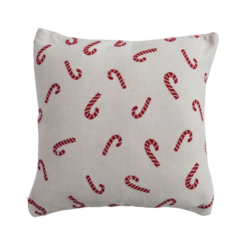 Whimsical Cotton Knit Pillow with Candy Cane Pattern - Natural;Red