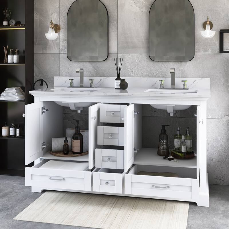 60 inch Plywood Double Sink Freestanding Bath Vanity with White Marble Top - 60" x 22"