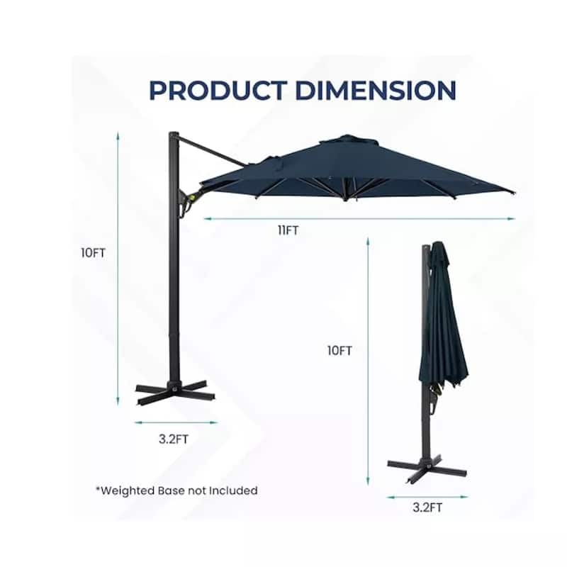 11 Ft Blue Round Cantilever Patio Umbrella with 360° Rotation tilt Adjustment