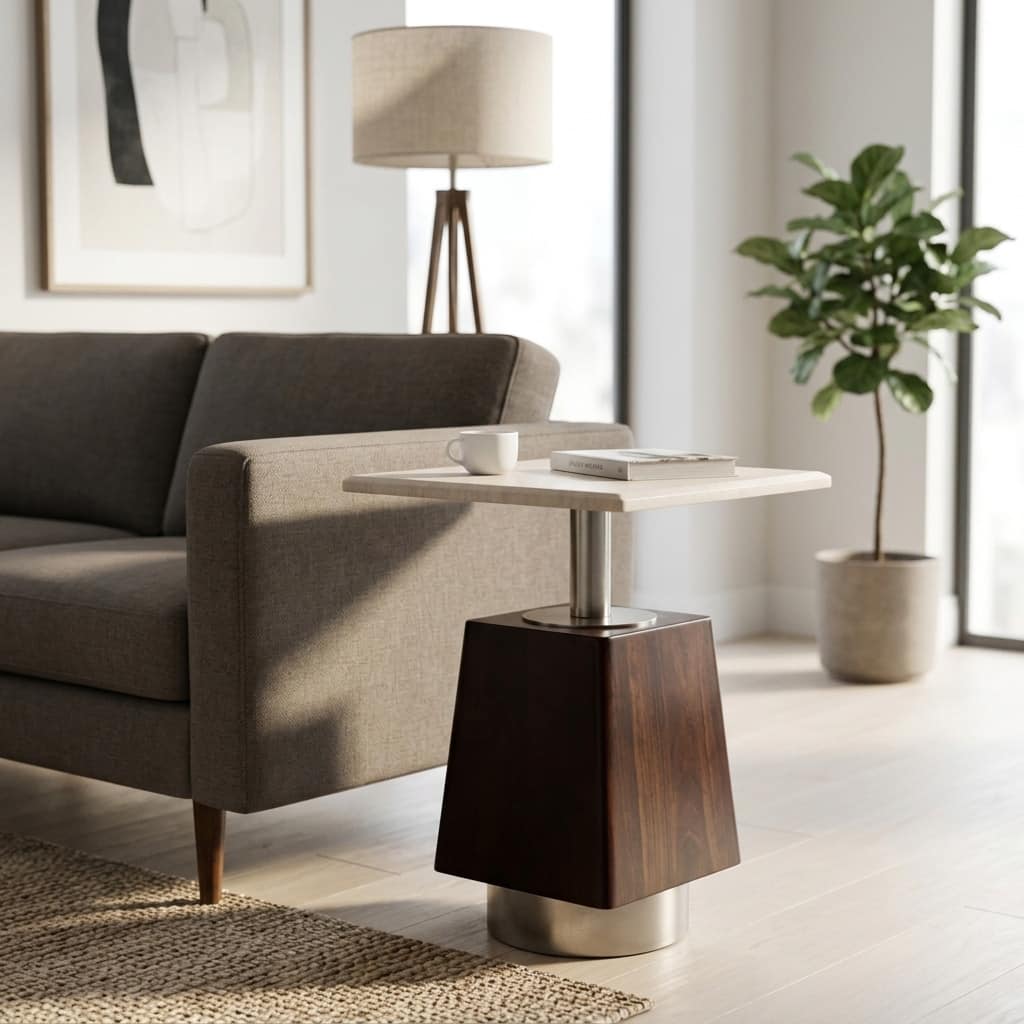 Geometric Wood and Marble Side Table - 21", Brown & Ivory - 20.75"