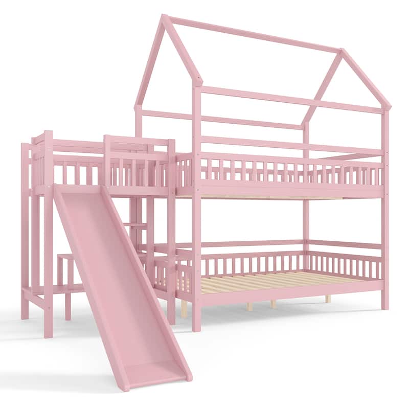 Full/Twin House-Shaped Bunk Bed with Slide & Storage Stairs, Playhouse Bed with Two Placement Methods