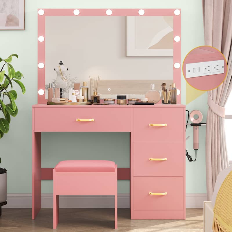 Moasis 35.4" Pink Mirror Makeup Vanity Table - 35.4''L x 15.7''W x 53.5''H
