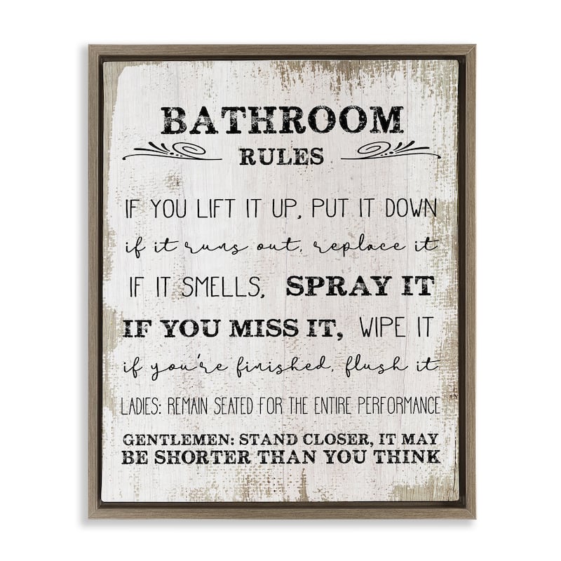 Stupell Bathroom Rules Funny Word Wood Textured Design Floater Frame - Beige