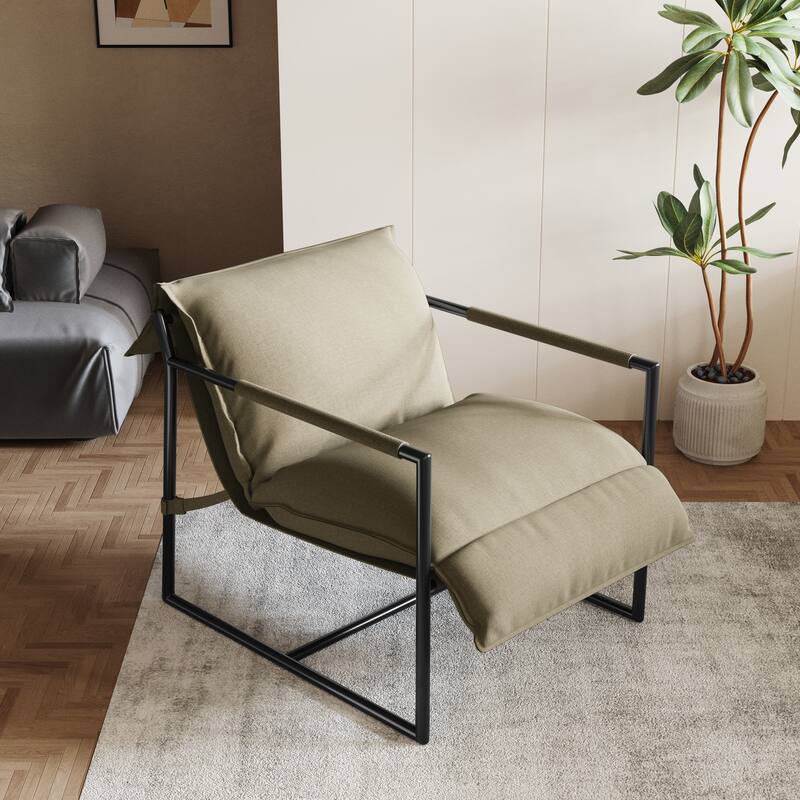 Mid-century Metal Sling Upholstered Armchair with Lengthen Upholstered - Beige