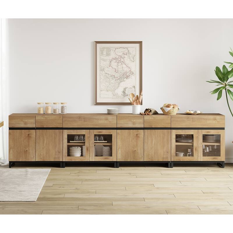 4-in-1 Modern Sideboard Buffet with Glass Doors, 2 Drawers & Metal Base, Adjustable Shelf for Kitchen Coffee Bar Storage