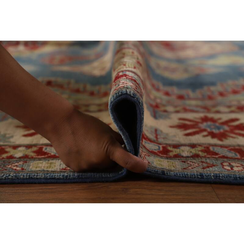 Hand Knotted Oriental 100% Wool Carpet Traditional Geometric Navy Blue & Blues Kazak Area Rug - 13' 7'' X 9' 10''
