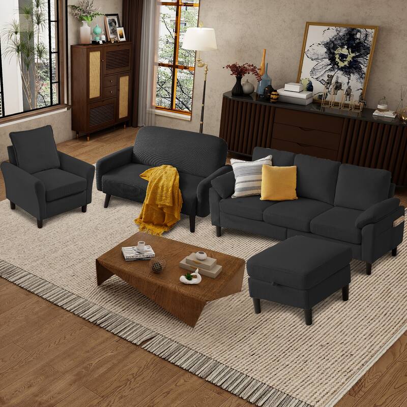4 Pieces Corduroy Living Room Sets with Sofa, Ottoman and Loveseat