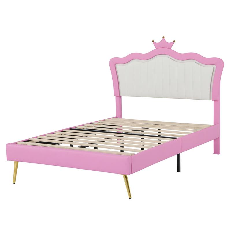 Full Size Upholstered Bed Frame with LED Lights, Crown Headboard, Modern Princess Bed
