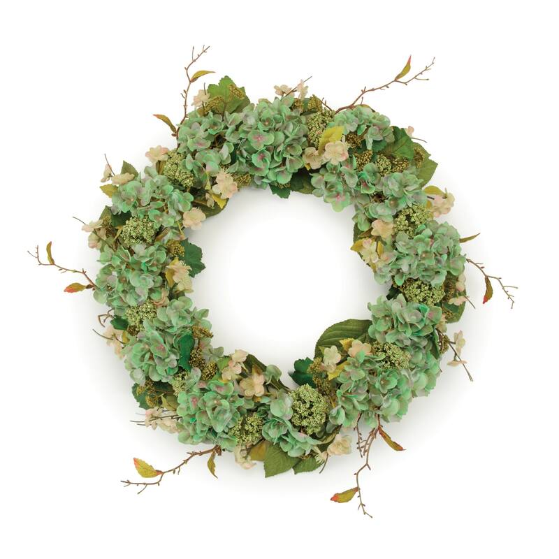 Hydrangea and Sedum Spring Floral Artificial Wreath - 32" - Green