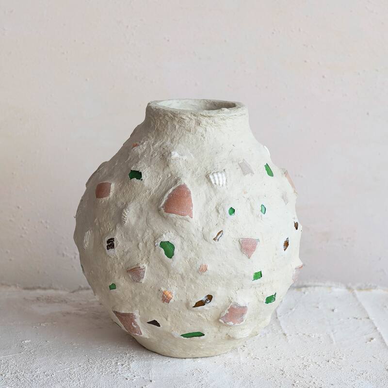 Handmade Paper Mache Vase with Embedded Glass - Multi - 12.0"L x 12.0"W x 13.0"H