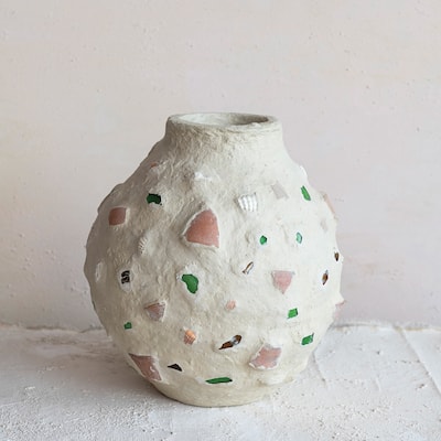 Handmade Paper Mache Vase with Embedded Glass