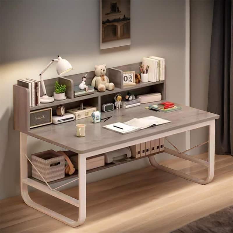 Grey White Rectangle Computer Desk with Hutch - Grey White