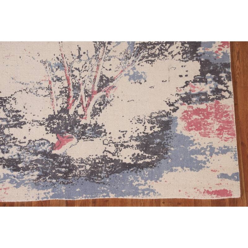 Nature Print Ivory Abstract Modern Area Rug Handmade Wool Carpet - 5'3" x 6'7"