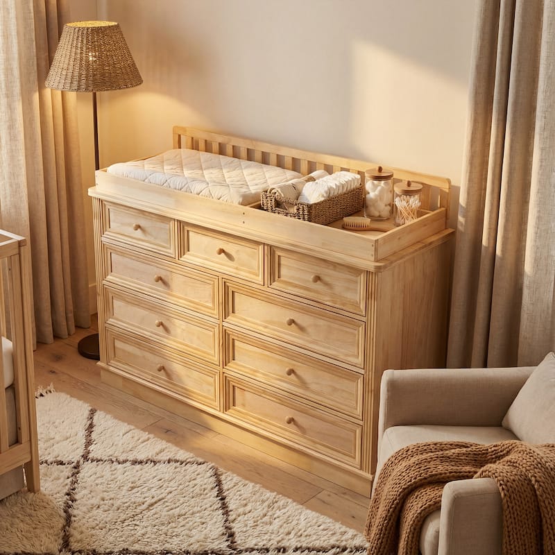 Solid Pine Wood Baby Changing Table Dresser with 9 Drawers – Natural Finish Nursery Dresser with Removable Changing Topper