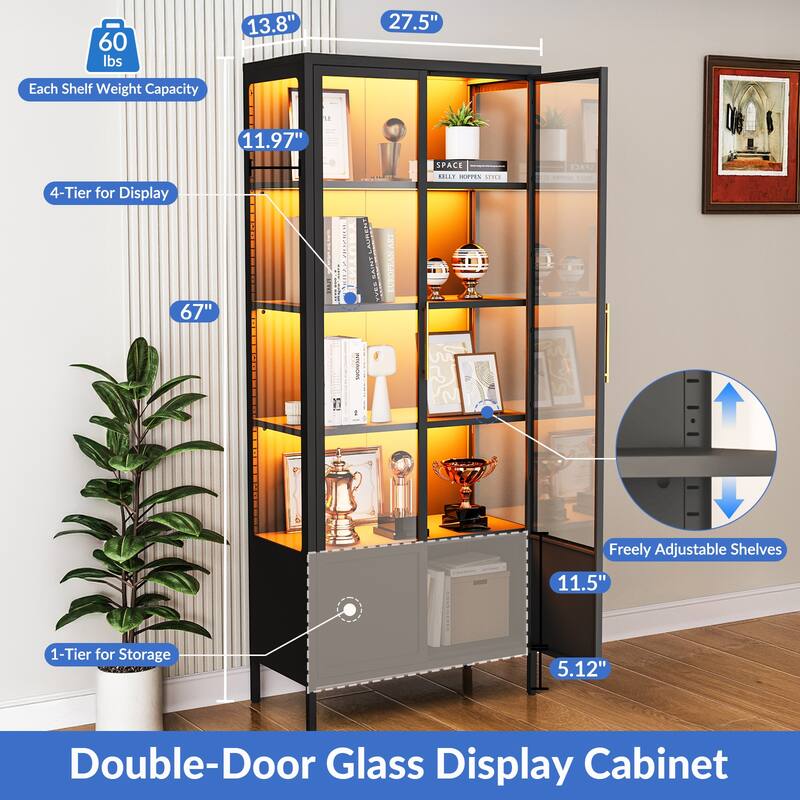 5-Tier Tempered Glass Curio Display Cabinet with Doors, Adjustable Shelves and 13 Color Lights - 67"H x 27.5"W x 13.8"D