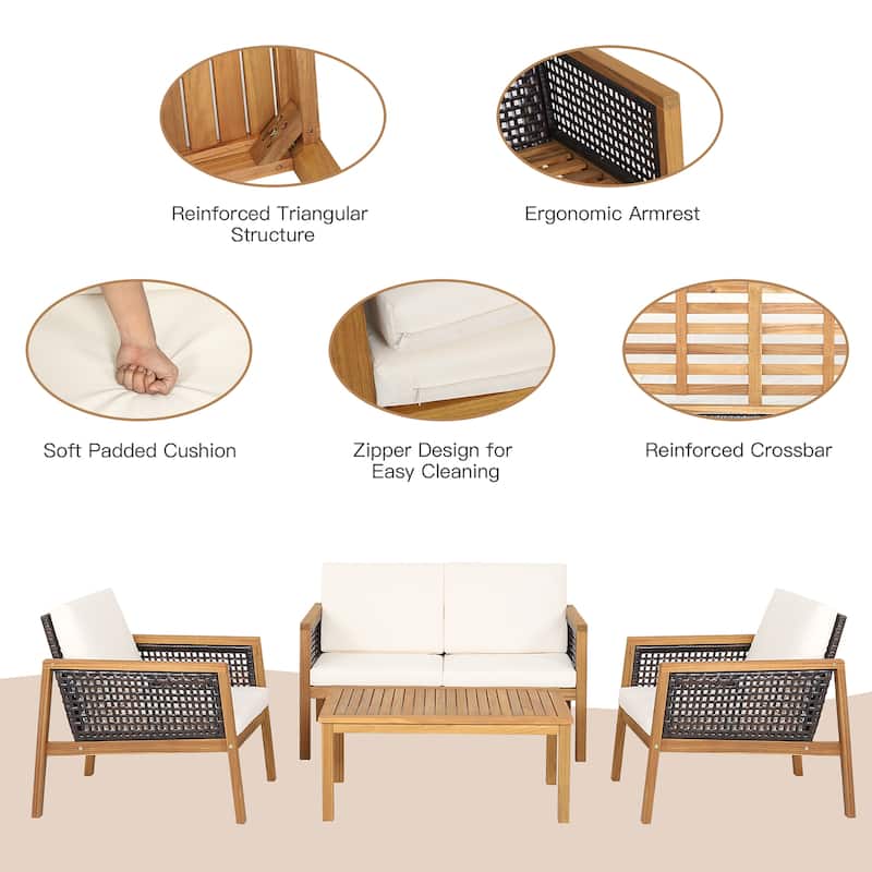 4 PCS Outdoor Acacia Wood Furniture Set Patio Conversation Set