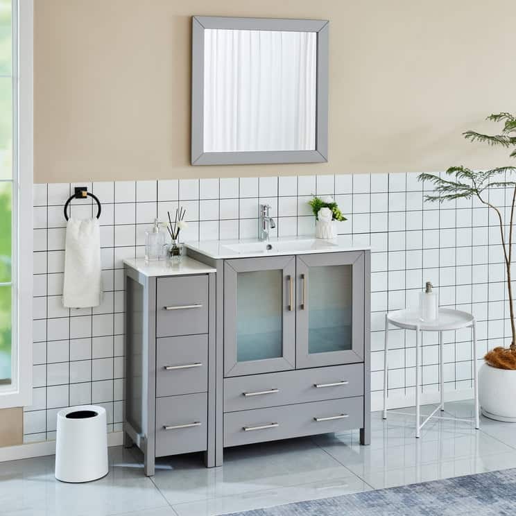 Vanity Art 42 Inch Single Sink Bathroom Vanity Set 5 Dove-Tailed Drawers 1 Cabinets 1 Shelf, Soft-Closing Doors with Free Mirror