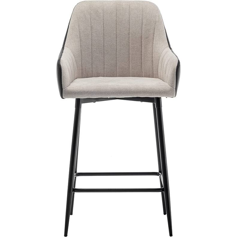 Tall Counter Height Bar Stools, 25", Mid-Back Upholstered Fabric Accent , PU Black Back, Beige Fabric, Set Of 2