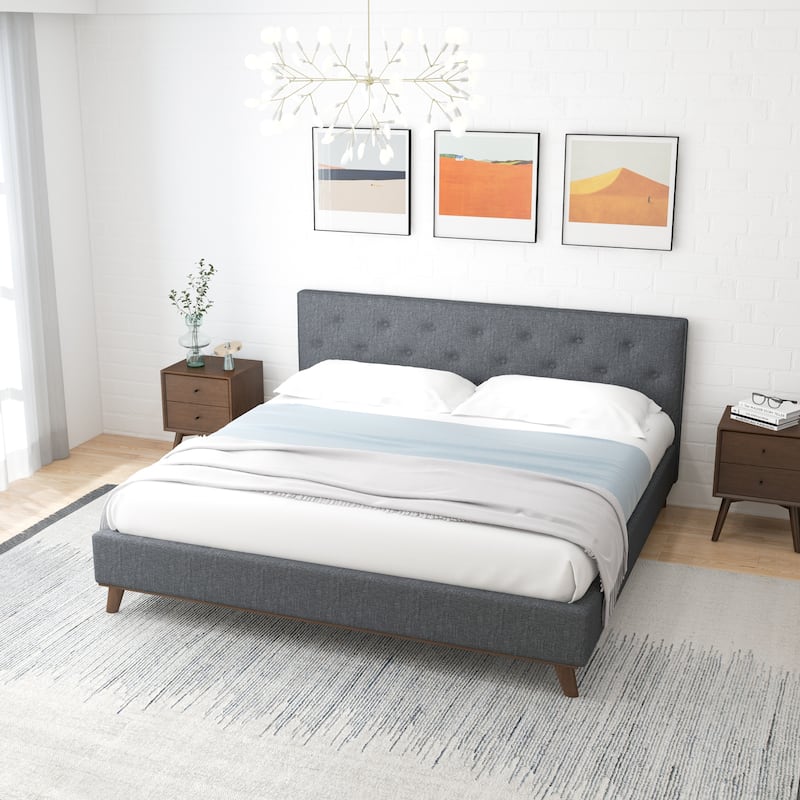 Alina Mid-Century Linen Upholstered Queen/King Platform Bed