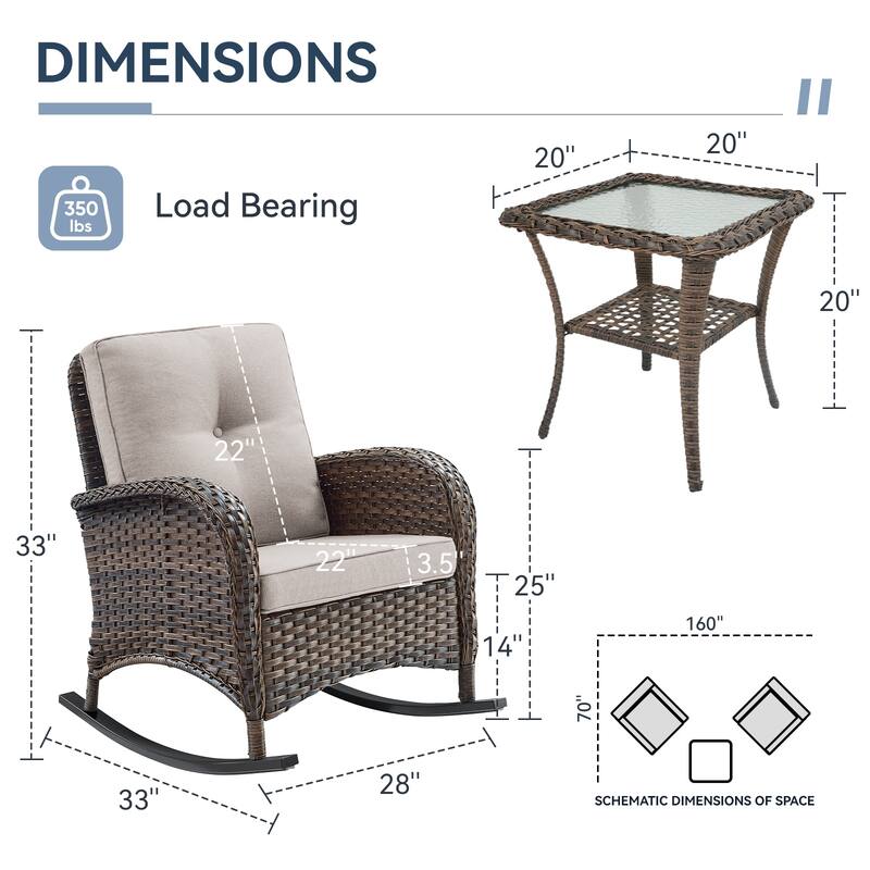 Gymojoy Patio Furniture Set PE Wicker Rocking Chairs & Side Table