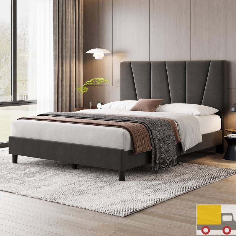 Upholstered Platform Bed with Adjustable Headboard and Slat Support