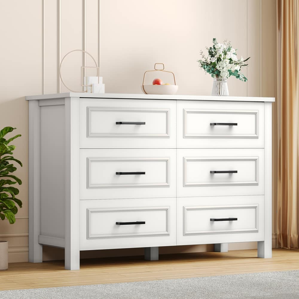 6-drawer Wood White Dresser with Built-in Power Outlet
