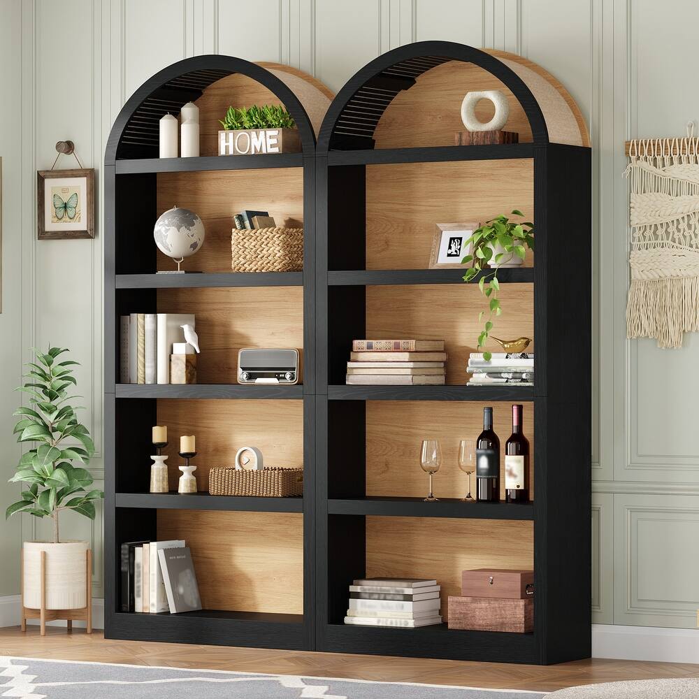 Freestanding Tall Bookshelves Set of 2, Farmhouse Two-Tone Open Storage Cabinet with Fabric Arched Top, 5-Tier Display Bookcase