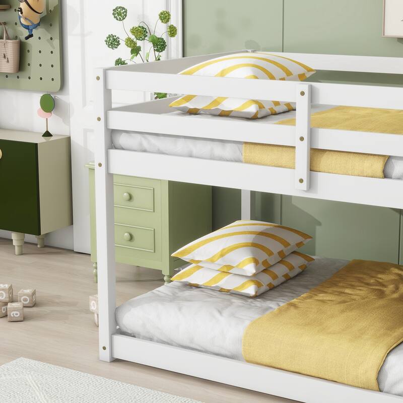 Wooden Twin over Twin Floor Bunk Bed with Ladder ,Upper and Bottom Bed Platforms