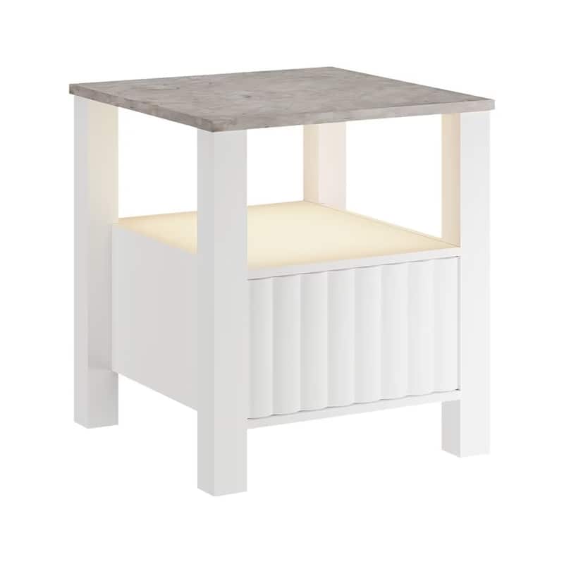 End Side Table with LED Light, White Nightstand with Storage(Set of 2)